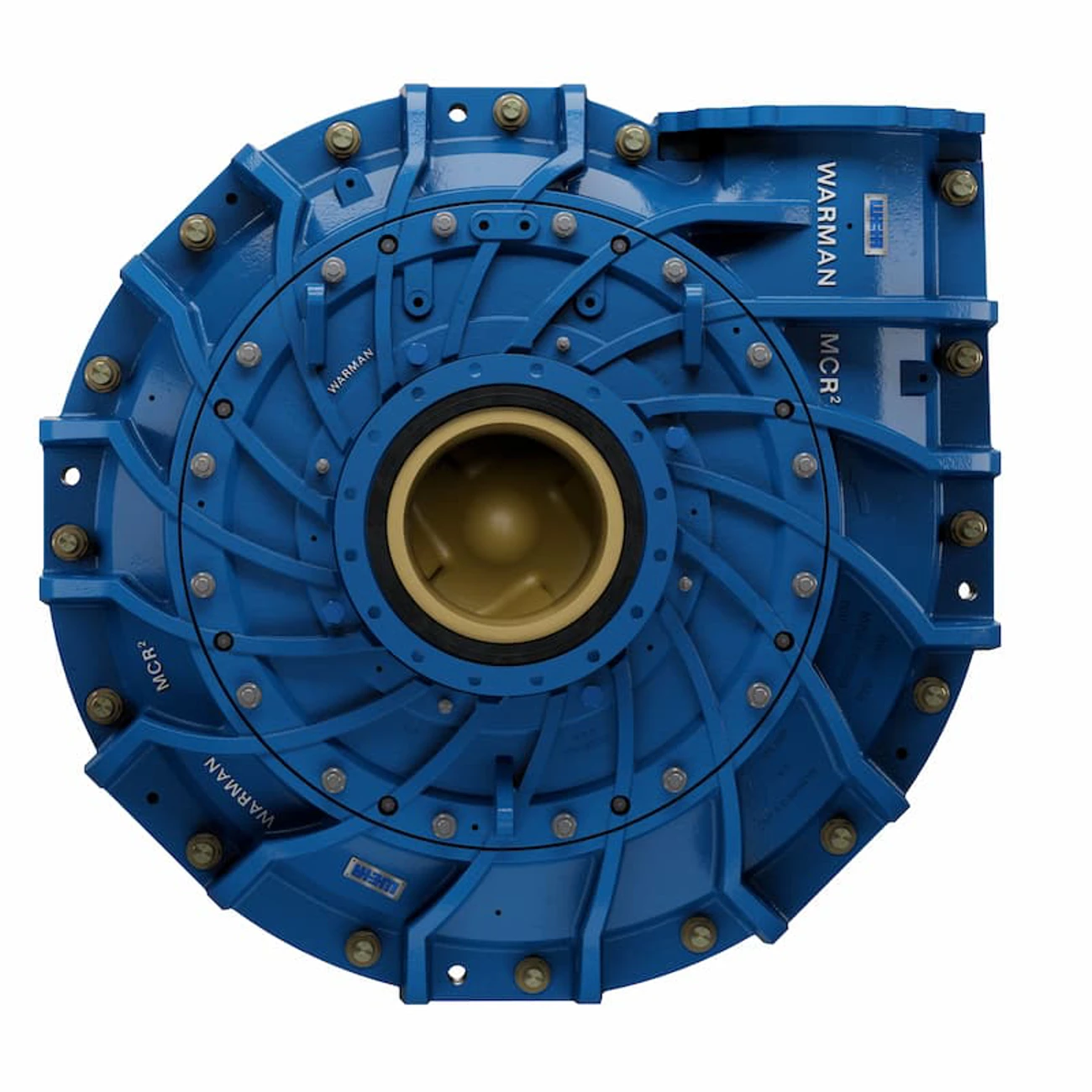 WARMAN® MCR® mill circuit pump shown from the impeller side, featuring a blue circular casing with a central metallic inlet